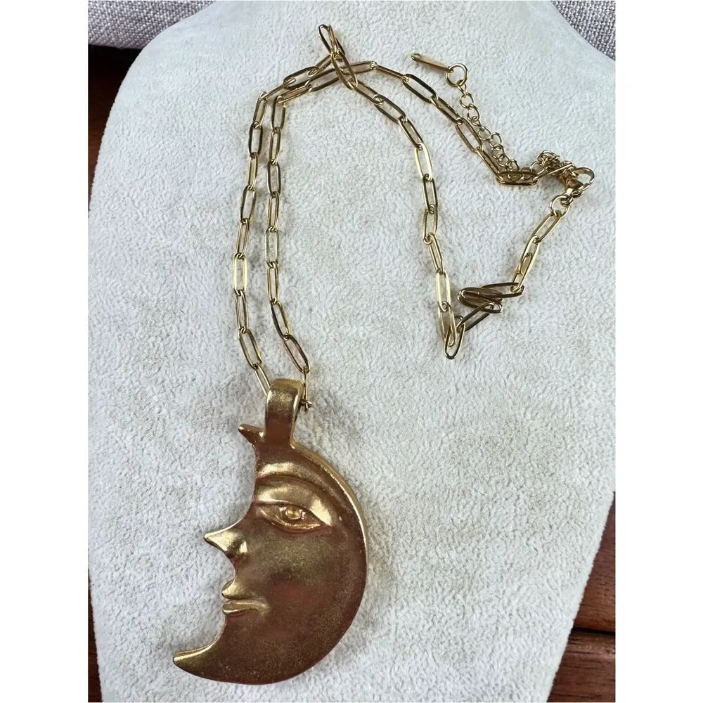 Free People Gold Moon Face Pendant Necklace